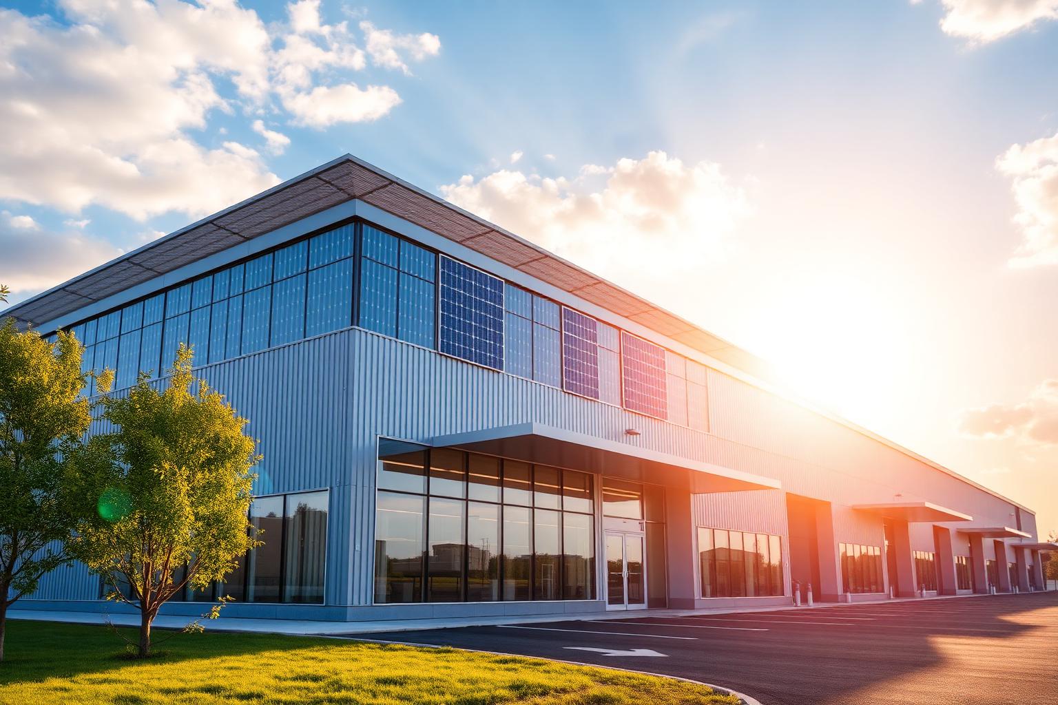 Toiture d'un bâtiment d'entreprise français équipée de panneaux solaires en autoconsommation